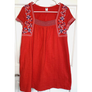 Old Navy Women's Red Embroidered Dress Sz S 100% Cotton Gauze Smocking Boho